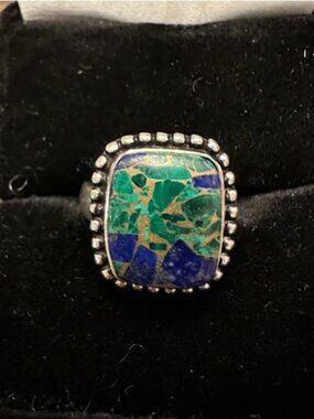 Genuine Azurite Malachite Turquoise Sterling Silver Overlay Ring Size 5